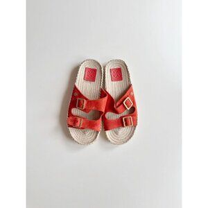 TORY BURCH Orange Suede Double Buckle Espadrille Slide Sandals, Size 7.5